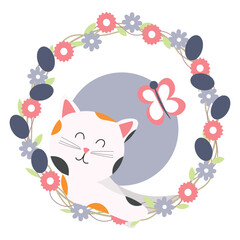 Funny cat with Easter wreath and butterfly on white background