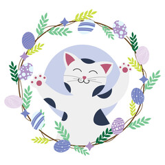 Funny cat with Easter wreath on white background