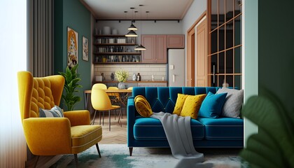 Interior of minimalistic blue living room with wooden floor, comfortable blue sofa, chair with yellow cushions, 3d render