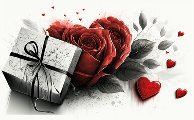 Heart shaped rose and a gift, Valentine Card Holiday concept In Romantic Background. Love, anniversary, wedding illustration made with generative AI