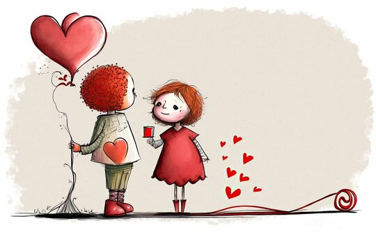 A boy an a girl with heart shaped balloon, love, anniversary, Valentine's Day, wedding greeting card, illustration made with generative AI
