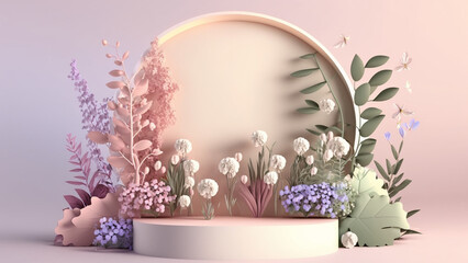 beauty podium backdrop with pastel background, spring  flowers, generative ai