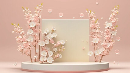 beauty podium backdrop with pastel background, spring sakura flowers, generative ai