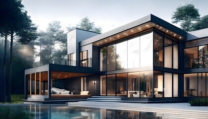 Luxury modern house with large windows and pool