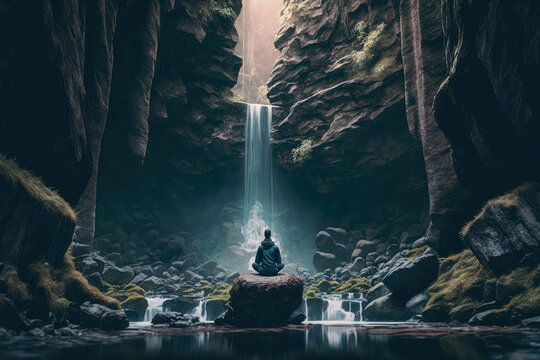 A person meditating in a serene nature setting with a peaceful waterfall in the background, symbolizing mental well-being and the benefits of mindfulness practices, generative ai