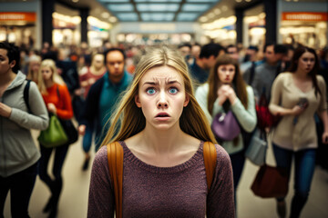 Anxiety-Stricken Woman in Busy Shopping Mall, generative ai - obrazy, fototapety, plakaty