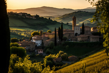 A peaceful Tuscan village surrounded by rolling hills and vineyards, bathed in warm golden light as the sun sets behind the hills. A small stream winds through the vineyards. Generative AI. - obrazy, fototapety, plakaty