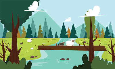 Panoramic nature landscape illustration vector background for nature ecology environment event