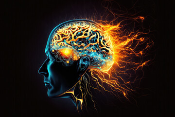 Obraz premium Glowing Mind - A Human Head Illuminated with a Radiant Brain, generative ai