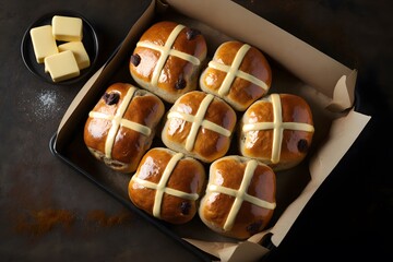hot cross buns easter baked treat in a box with butter  generative ai