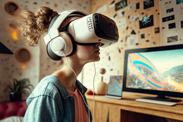 Young Creative Female Wearing a Virtual Reality Headset at Home. Woman Enters Digital Internet 3D Universe with Avatars. Next Generation Immersive Social Media Online Metaverse Platform, generative AI