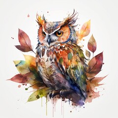 Watercolor of a Colorful Royal Owl with Leaves Created by Generative AI Technology