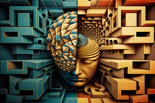 Fototapeta Mind Games - A surrealistic image that depicts the complexity of the human mind through the use of abstract shapes, optical illusions and visual puzzles, generative ai