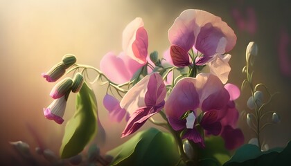 Fototapeta na wymiar Close-up shot of Beautiful sweet pea flower blossoms at morning light