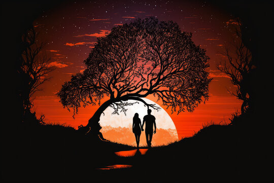 Soulmates Forever - an emotional illustration of two lovers holding hands and walking towards a bright horizon with a silhouette of a tree in the foreground, generative ai