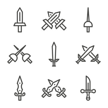Set of Swords Outline Icon. Short Sword, Long Sword, Dagger, Knife, and more. Editable Stroke. Vector Eps 10