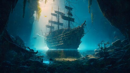 an abandoned ship in the night in a cave