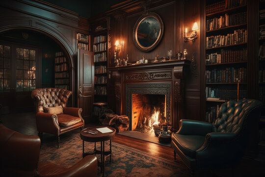 A cozy library with a fireplace and leather armchairs, generative ai