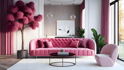 interior design for living area or reception with carpet, plant, white wall, and pink sofa