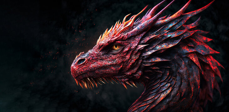 Head of dragon. Dragon close up head shot. Year of the dragons 2024. Fantasy image of a dragon with teeth created with generative ai.