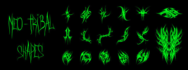 Acid Neo-tribal shapes. Collection of abstract elements in gothic style. Modern Neo tribal geometric patterns. Reimagined Mayan Tattoos. Acid Mayan elements for t-shirt, apparel, merch, cover, album