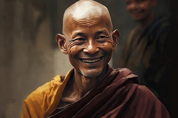 Portrait of a happy Buddhist monk in prayer. Kind man smiling. Asian meditation. AI generated. - obrazy, fototapety, plakaty