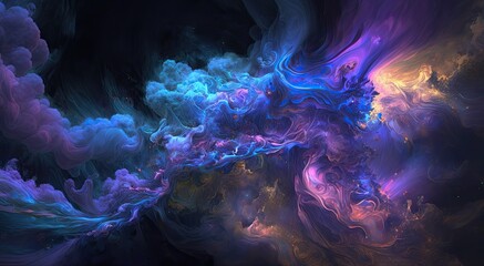 Abstract astral nebula glowing clouds in space. Stormy dark smoke background wallpaper.