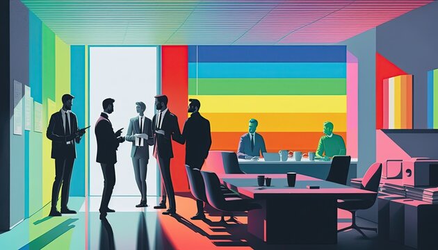 Modern office, work environment, pride colors.
