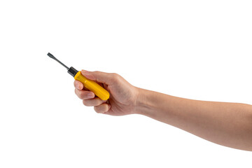 Hand and yellow screwdrivers tools on transparent background