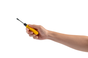Hand and yellow screwdrivers tools on transparent background