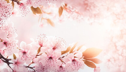 Fototapeta na wymiar Copyspace of border pink cherry blossom abstract background. Pastel color tone. Generative ai