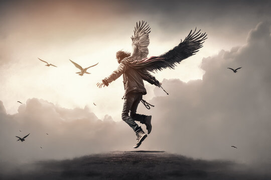 Freedom concept. Man and bird flying abstract background. Generative ai