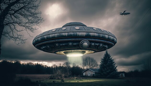 UFO hovering over a farm house. Beam me up. Alien abduction. 