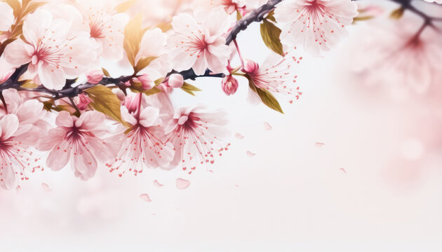 Copyspace of border pink cherry blossom abstract background. Pastel color tone. Generative ai