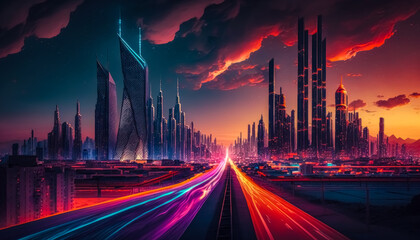 Obraz na płótnie Canvas Cityscapes of future urban cities long exposures neon light nighttime on twillight sky abstract background. Generative ai