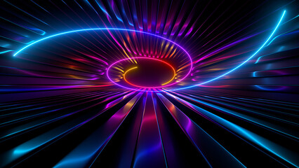 Sci Fy neon glowing spiral lines in a dark tunnel. Reflections on the floor and ceiling. 3d rendering image. Abstract glowing lines. Techology futuristic background.