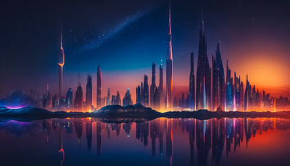 Fototapeta premium Cityscapes of future urban cities long exposures neon light nighttime on twillight sky abstract background. Generative ai