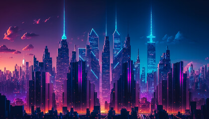 Fototapeta na wymiar Cityscapes of future urban cities long exposures neon light nighttime on twillight sky abstract background. Generative ai