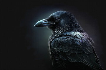 Stunning portrait of a crow on a metal glam black background