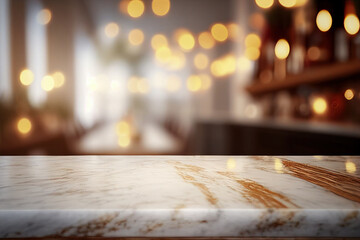 Naklejka na ściany i meble Marble Kitchen Counter Top Side view, Interior Decor, product placement, bokeh lights, selective focus 