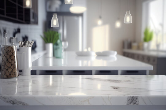 Marble Kitchen Counter Top Side View, Interior Decor, Product Placement, Bokeh Lights, Selective Focus 