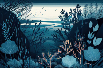 Fototapeta na wymiar Abstract blue coastal nature landscape illustration, coastal decor, advertising vector