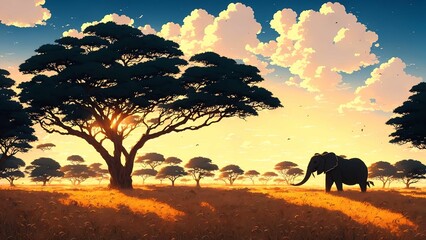 Fototapeta na wymiar beautiful wallpaper of a sunset with beautiful trees in anime style. generated with ai