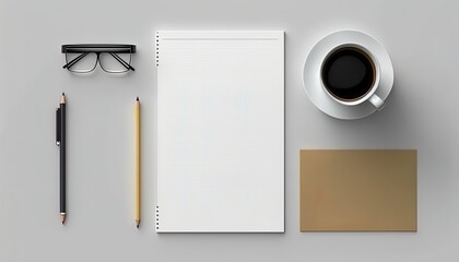 Office table with notebook, coffee cup, mouse on marble background. Made with Generative Ai