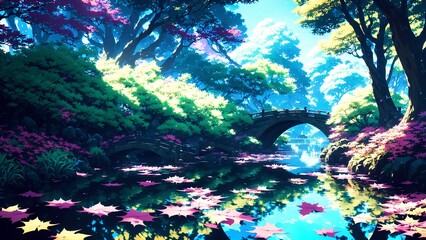 beautiful wallpaper of a forest with beautiful trees and river in anime style. generated with ai