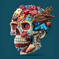 Pixel art the anatomy of a zoombie head made of junk food, an ultrafine detailed painting