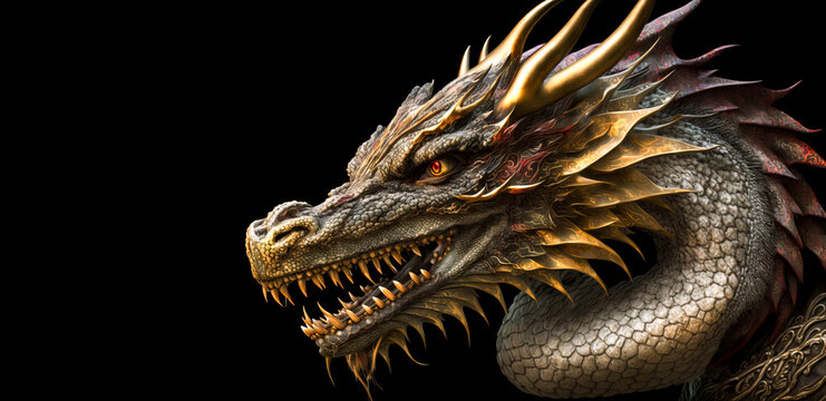 Head of dragon. Dragon close up head shot. Year of the dragons 2024. Fantasy image of a dragon with teeth created with generative ai.