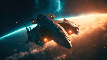 Fototapeta na wymiar Futuristic spaceship in space, realistic. Science fiction background, harmonious color.