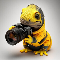3D render of a photographer cute baby dino character