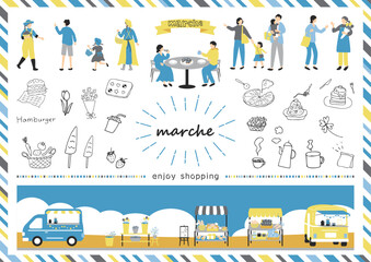 マルシェ　休日のマーケットで楽しむ人々